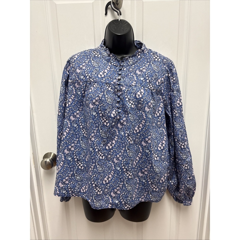 J. Crew Liberty Blue Paisley "Button-front Ruffle Neck Popover" Size Medium